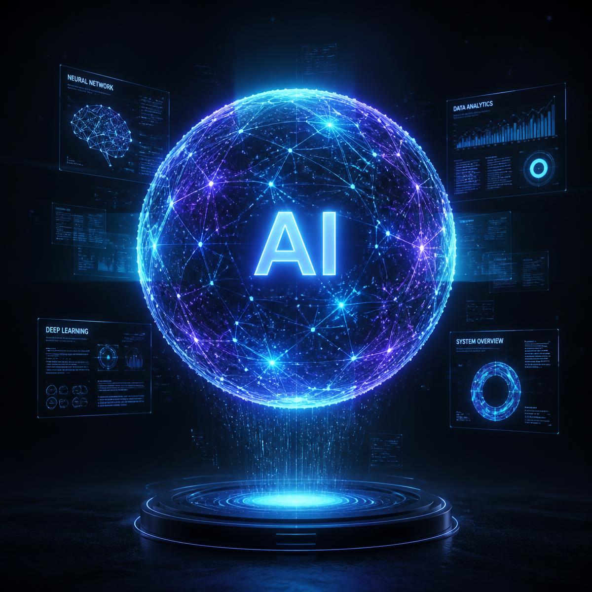 Glowing 3D AI sphere built from neural network nodes with holographic data panels